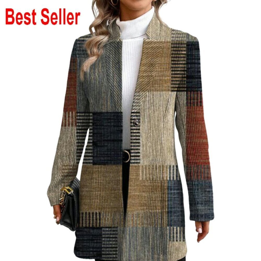 Oversized Long Blazer Jacket Open Front Loose Fit Plaid Work Office Chic
